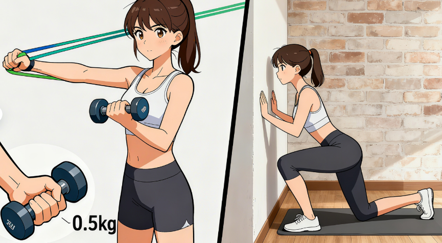 [图片占位：力量训练推荐 - 弹力带、小哑铃]